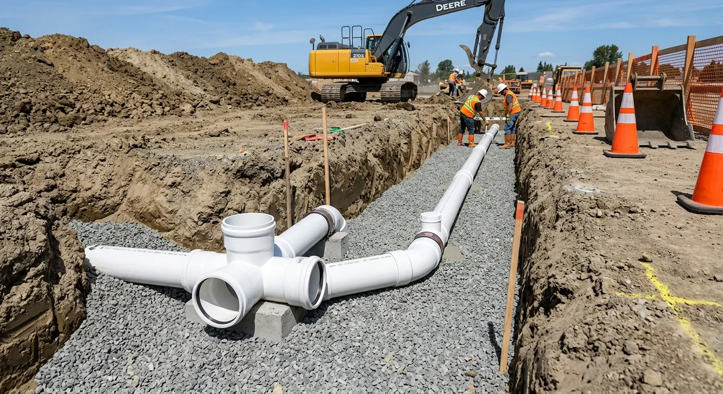 New PVC sewer pipe installation in open trench for Commercial Drain Cleaning in Keokuk