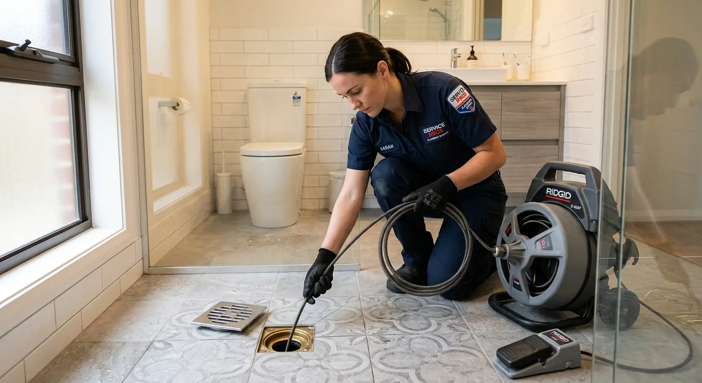 Technician clearing a bathroom floor drain for Drain Repair in Keokuk